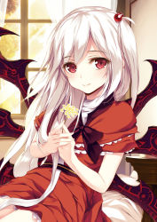 Rule 34 | 1girl, black bow, black bowtie, blush, bow, bowtie, capelet, curtains, demon wings, dress, eien no juu nana-sai, eyes visible through hair, flower, frills, hair bobbles, hair bow, hair ornament, highres, holding, holding flower, indoors, ke-ta (style), long hair, looking at viewer, multiple wings, one side up, own hands together, reclining, red dress, red eyes, see-through, shinki (touhou), short dress, side ponytail, solo, touhou, touhou (pc-98), upper body, white hair, window, wings