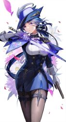 Rule 34 | 1girl, black corset, black pantyhose, black skirt, blue capelet, blue hair, breasts, capelet, clorinde (genshin impact), commentary, confetti, corset, cowboy shot, earrings, framed breasts, garter straps, genshin impact, hat, hat feather, head tilt, highres, holding, holding sword, holding weapon, iron sting (genshin impact), jewelry, large breasts, looking at viewer, miniskirt, muri (pan&#039;ichi murimuri geinin), pantyhose, pencil skirt, purple eyes, shirt, simple background, skirt, solo, standing, sword, thigh strap, tricorne, vision (genshin impact), weapon, white background, white shirt
