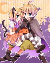 Rule 34 | 1boy, 1girl, :q, animal ears, aqua eyes, bad id, bad pixiv id, black gloves, blonde hair, blush, brother and sister, candy, cape, cat ears, cat tail, dress, earrings, fang, food, gloves, hair ornament, hairclip, halloween, jewelry, kagamine len, kagamine rin, lollipop, noki (potekoro), open mouth, pointy ears, puffy sleeves, short hair, short sleeves, siblings, sitting, sitting on lap, sitting on person, skirt, smile, striped clothes, striped thighhighs, swirl lollipop, tail, thighhighs, tongue, tongue out, twins, vocaloid