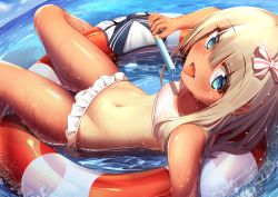 Rule 34 | 10s, 1girl, bare legs, bare shoulders, bikini, bikini skirt, blonde hair, blue eyes, blue sky, blush, breasts, day, food, hair ribbon, higejii, highres, holding, holding food, kantai collection, lifebuoy, long hair, looking at viewer, lying, navel, ocean, on back, one-piece tan, outdoors, popsicle, ribbon, ro-500 (kancolle), saliva, saliva trail, sky, small breasts, smile, solo, stomach, striped ribbon, summer, swim ring, swimsuit, tan, tanline, tongue, tongue out, unworn swimsuit, water, wet, white bikini