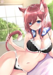 Rule 34 | 1girl, akino ell, animal ear fluff, animal ears, bare arms, black bra, black panties, blue eyes, blurry, blurry background, blush, bra, breasts, cat ears, cat girl, cat tail, cleavage, depth of field, extra ears, frilled panties, frills, go-toubun no hanayome, hair between eyes, headphones, headphones around neck, highres, holding, kemonomimi mode, lace, lace-trimmed bra, lace trim, lingerie, long hair, looking at viewer, lying, medium breasts, nakano miku, navel, on side, panties, red hair, skindentation, solo, stomach, tail, thighs, underwear, underwear only