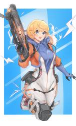 Rule 34 | 1girl, absurdres, airborne, animification, apex legends, backpack, bag, blonde hair, blue eyes, bodysuit, breasts, cable, electricity, energy gun, facial scar, gun, havoc energy rifle, highres, holding, holding gun, holding weapon, hood, hooded jacket, jacket, jumping, kanotype, lichtenberg figure, medium breasts, open hand, open mouth, orange jacket, rifle, scar, scar on cheek, scar on face, shoes, short hair, smile, sneakers, solo, wattson (apex legends), weapon, white bodysuit
