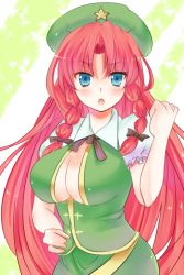 Rule 34 | 1girl, bad id, bad pixiv id, beret, blue eyes, braid, breasts, cleavage, female focus, hat, hong meiling, immaterial and missing power, impossible clothes, impossible shirt, large breasts, long hair, mamepon, red hair, shirt, skirt, solo, touhou, twin braids
