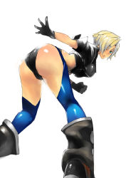 Rule 34 | 1girl, angel (kof), ass, bent over, blue eyes, body blush, boots, breasts, chaps, cropped jacket, fingerless gloves, gloves, hair over one eye, large breasts, looking back, midriff, panties, short hair, snk, solo, the king of fighters, underwear, unizama, white hair
