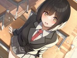 Rule 34 | 1girl, absurdres, black hair, black jacket, blazer, blush, classroom, from above, go-1, grey skirt, highres, jacket, looking at viewer, necktie, open mouth, original, pleated skirt, red necktie, school uniform, shirt, short hair, skirt, solo, table, teeth, white shirt, yellow eyes