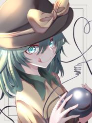 Rule 34 | 1girl, :p, border, bow, collared shirt, eyeball, green eyes, green hair, hat, hat bow, hat ribbon, heart, heart of string, highres, holding, komeiji koishi, looking at viewer, medium hair, portrait, ribbon, shirt, simple background, solo, third eye, tongue, tongue out, touhou, tsune (tune), yellow shirt