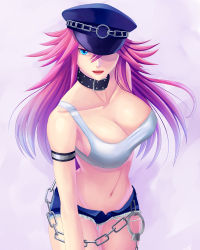 Rule 34 | 1girl, armlet, blue eyes, blue shorts, breasts, capcom, chain, choker, cleavage, collar, cuffs, cutoffs, denim, denim shorts, female focus, final fight, handcuffs, hat, large breasts, lipstick, long hair, makeup, midriff, navel, open fly, peaked cap, pink hair, poison (final fight), ryourou (edexigerero), shirt, short shorts, shorts, solo, studded collar, taut clothes, taut shirt, unzipped