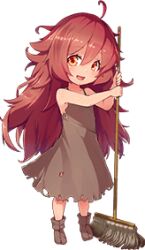 Rule 34 | 1girl, artist request, bare shoulders, brown dress, brown footwear, dress, full body, game cg, hair between eyes, holding, holding mop, long hair, lowres, messy hair, monster musume no iru nichijou, monster musume no iru nichijou online, mop, official art, red hair, solo, spaghetti strap, tachi-e, torn clothes, torn dress, transparent background, unyi (monster musume)