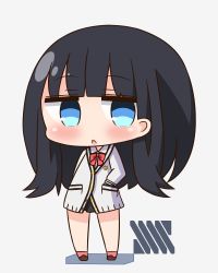 Rule 34 | 10s, 1girl, :o, black hair, black skirt, blue eyes, blush, bow, bowtie, brown footwear, cardigan, chibi, collared shirt, commentary request, full body, grey background, gridman universe, hana kazari, hand in pocket, long hair, looking at viewer, miniskirt, parted lips, pleated skirt, red bow, red bowtie, red socks, shirt, skirt, socks, solo, ssss.gridman, standing, takarada rikka, white cardigan, white shirt