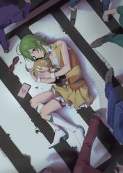 Rule 34 | 1girl, ahoge, belt, blonde hair, blouse, boots, cellphone, character doll, crosswalk, crowd, curled up, from above, goggles, unworn goggles, green eyes, green hair, gumi, high heels, highres, jacket, kagamine rin, knee boots, layered skirt, looking at viewer, looking up, lying, miniskirt, hugging object, on side, orange jacket, orange skirt, phone, red goggles, shirt, short hair with long locks, sidelocks, sign, skid mark, skirt, sleeveless, sleeveless jacket, smartphone, solo focus, tearing up, tears, vocaloid, warning sign, white footwear, wounds404, yellow shirt, yellow skirt