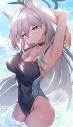 Rule 34 | 1girl, absurdres, ahoge, alternate costume, animal ear fluff, animal ears, armpits, backlighting, black choker, black one-piece swimsuit, blue archive, blue eyes, blue one-piece swimsuit, blue sky, breasts, broken halo, choker, cleavage, cloud, cloudy sky, commentary request, competition swimsuit, cosplay, covered navel, cross hair ornament, day, extra ears, grey hair, grey halo, groin, hair between eyes, hair ornament, halo, head tilt, highleg, highleg one-piece swimsuit, highres, in water, large breasts, long hair, looking at viewer, mismatched pupils, ocean, one-piece swimsuit, outdoors, parted lips, pizza (pizzania company), presenting armpit, shiroko (blue archive), shiroko (blue archive) (cosplay), shiroko (swimsuit) (blue archive), shiroko terror (blue archive), sidelocks, sky, solo, swimsuit, two-tone swimsuit, water, wet, wolf ears, wolf girl