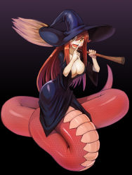 Rule 34 | 1girl, :d, absurdres, animal ears, black dress, black hat, breasts, broom, cleavage, commission, dress, finger to mouth, full body, gradient background, hair between eyes, halloween costume, hat, highres, holding, holding broom, index finger raised, lamia, large breasts, long hair, long sleeves, looking at viewer, miia (monster musume), monster girl, monster musume no iru nichijou, open clothes, open dress, open mouth, over shoulder, pointy ears, scales, shushing, smile, solo, sookmo, very long hair, wide sleeves, witch, witch hat, yellow eyes
