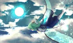 Rule 34 | 1girl, above clouds, absurdres, ascot, barefoot, blue dress, bow, cloud, daiyousei, dress, fairy wings, flying, from side, full moon, green hair, hair bow, highres, light particles, moon, moonlight, night, night sky, short hair, side ponytail, sky, solo, touhou, transparent wings, wings, yurinotubomi
