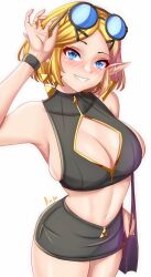 Rule 34 | 1girl, anisdrawn, arm up, bare shoulders, black shirt, black skirt, blonde hair, blue eyes, breasts, cleavage, cleavage cutout, clothing cutout, commentary, cowboy shot, crop top, earrings, eyewear on head, glasses, grin, highres, jewelry, large breasts, looking at viewer, midriff, miniskirt, navel, nintendo, pencil skirt, pointy ears, princess zelda, ring, shirt, skirt, sleeveless, sleeveless shirt, smile, solo, standing, stomach, the legend of zelda, the legend of zelda: tears of the kingdom, thighs, triforce earrings