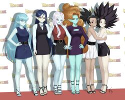 Rule 34 | 6+girls, absurdres, aeos (dragon ball), belt, black eyes, black hair, blue eyes, blue hair, blue skin, bracelet, breasts, caulifla, chain, chain necklace, cleavage, cleavage cutout, clothing cutout, colored skin, commentary, curly hair, dark-skinned female, dark skin, dragon ball, dragon ball heroes, dragon ball super, dragon ball xenoverse, dragonball z, dress, earrings, english commentary, formal, green skin, hand on own hip, highres, hug, jewelry, kale (dragon ball), long hair, looking at viewer, multiple girls, nail polish, necklace, orange hair, photo shoot, pink eyes, pointy ears, ponytail, red carpet, red eyes, red nails, ring, robelu, signature, skirt, sleeveless, sleeveless turtleneck, smile, smirk, somegfguy, spiked hair, towa (dragon ball), turtleneck, very long hair, waving, white hair, zangya