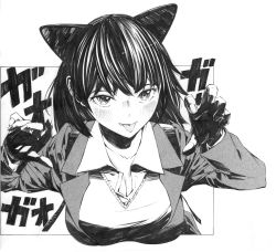Rule 34 | 1girl, absurdres, animal ears, arms up, blazer, blush, breasts, cat ears, claw pose, cleavage, collared shirt, commentary request, fang, fangs, gagaimo, greyscale, highres, jacket, large breasts, long sleeves, monochrome, nose blush, original, school uniform, shirt, solo, tongue, tongue out, uniform, wing collar
