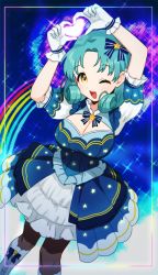 Rule 34 | 1girl, arms up, black legwear, blue dress, breasts, cleavage, dress, flipped hair, frilled gloves, frills, gloves, green hair, heart, heart hands, highres, idolmaster, idolmaster million live!, large breasts, looking at viewer, medium hair, one eye closed, open mouth, parted bangs, puffy short sleeves, puffy sleeves, short sleeves, smile, solo, sparkle background, star (symbol), star print, sukoyaka (100hituzi), teeth, tokugawa matsuri, upper teeth only, white footwear, white gloves