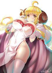 Rule 34 | 1girl, ahoge, alternate costume, anila (granblue fantasy), artist name, bell, blonde hair, blush, breasts, butter-t, cape, closed mouth, commentary, curled horns, draph, elbow gloves, english commentary, floating hair, fur-trimmed cape, fur trim, gloves, granblue fantasy, groin, hands up, horns, huge breasts, large breasts, long hair, looking at viewer, no panties, pelvic curtain, see-through, sheep horns, shiny clothes, shiny legwear, short eyebrows, sidelocks, signature, simple background, skindentation, sleeveless, smile, solo, standing, thick eyebrows, thick thighs, thighhighs, thighs, white background, white gloves, white thighhighs, yellow eyes, zettai ryouiki
