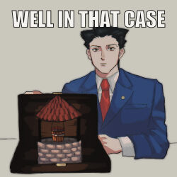 Rule 34 | 1boy, ace attorney, arm rest, black hair, blue jacket, breast pocket, brown eyes, closed mouth, collared shirt, drenacocrom, english text, highres, impact (font), jacket, lapel pin, lapels, layered sleeves, long sleeves, looking at viewer, male focus, necktie, phoenix wright, pocket, pun, red necktie, shirt, short hair, solo, suit jacket, suitcase, too literal, well, white shirt