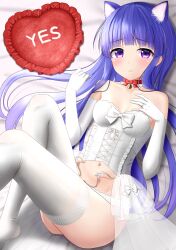 Rule 34 | 1girl, absurdres, animal ear fluff, animal ears, bare shoulders, bed, bed sheet, blue hair, blunt bangs, blush, bow, breasts, bridal legwear, bridal lingerie, bride, cat ears, closed mouth, collarbone, commentary request, commission, corset, elbow gloves, frilled pillow, frills, furude rika, garter belt, garter straps, gloves, heart, heart-shaped pillow, highres, higurashi no naku koro ni, hime cut, jewelry, kemonomimi mode, lace, lace-trimmed legwear, lace trim, lingerie, long hair, looking at viewer, lying, midriff, navel, nyanyanoruru, on back, on bed, panties, pillow, pixiv commission, purple eyes, raised eyebrows, ring, see-through, small breasts, solo, thighhighs, underwear, wedding ring, white corset, white gloves, white panties, white thighhighs, yes, yes-no pillow