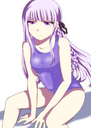 Rule 34 | 1girl, bare arms, bare legs, black bow, black ribbon, blue one-piece swimsuit, bow, braid, braided ponytail, collarbone, danganronpa: trigger happy havoc, danganronpa (series), ears, eyelashes, feet out of frame, flat expression, hair bow, hair ribbon, hands between legs, highres, kirigiri kyoko, legs, legs apart, long hair, looking at viewer, necktie, one-piece swimsuit, purple eyes, purple hair, ribbon, school swimsuit, shadow, shiny clothes, simple background, sitting, swimsuit, thighs, white background