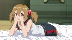 Rule 34 | 1girl, artist request, bare shoulders, bed, bed sheet, brown hair, hands on own cheeks, hands on own face, highres, looking at viewer, lying, off shoulder, on stomach, open mouth, red eyes, sailor collar, short twintails, shorts, silica, skirt, sleeveless, smile, solo, sword art online, twintails