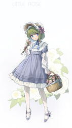 Rule 34 | 1girl, absurdres, arnold-s, basket, blue eyes, blue ribbon, blush, bow, collar, commentary, dress, flower, flower basket, frilled collar, frilled dress, frilled headwear, frilled sleeves, frills, full body, green hair, hat, hat flower, hat ornament, headdress, high heels, highres, holding, holding basket, holding flower, lolita fashion, looking at viewer, original, pantyhose, pink bow, pink flower, pink rose, ribbon, rose, short hair, solo, symbol-only commentary, white flower, white pantyhose, white rose