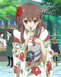 Rule 34 | 10s, 1girl, :d, blurry, blush, brown eyes, brown hair, day, depth of field, faceless, festival, floral print, flower, fur trim, hair flower, hair ornament, hand on own chest, japanese clothes, kanzashi, kimono, leaning forward, long hair, looking at viewer, market, new year, obi, official art, ofuda, omikuji, ooishi hina, open mouth, outdoors, plant, red flower, red rose, rose, sash, smile, solo focus, tassel, tree, tsumami kanzashi, wake up girls!, wake up girls! stage no tenshi
