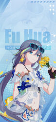 Rule 34 | 1girl, closed mouth, earrings, eyewear on head, flower, fu hua, fu hua (shadow knight), grey hair, highres, honkai (series), honkai impact 3rd, jewelry, looking at viewer, navel, official art, official wallpaper, smile, solo, summer, sunglasses, upper body