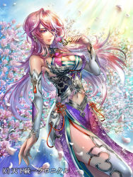Rule 34 | 1girl, breasts, cleavage, cleavage cutout, clothing cutout, detached sleeves, floating hair, flower, hair between eyes, holding, holding flower, long hair, long skirt, long sleeves, medium breasts, midriff, navel, parted lips, petals, pink eyes, pink flower, pink hair, poshii (posy), print skirt, purple skirt, side slit, silver hair, skirt, smile, solo, standing, stomach, tenka touitsu chronicle, thighhighs, very long hair, white sleeves, white thighhighs