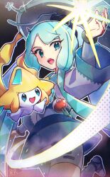 Rule 34 | 1girl, :o, commentary request, creatures (company), crossover, eyelashes, game freak, gen 3 pokemon, green eyes, green hair, grey headwear, hand up, haru1suama, hat, hatsune miku, highres, jacket, jirachi, leg up, legendary pokemon, long hair, mythical pokemon, nintendo, open mouth, pokemon, pokemon (creature), project voltage, shirt, shorts, skirt, steel miku (project voltage), teeth, tongue, upper teeth only, vocaloid