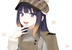 Rule 34 | 1girl, :d, blue eyes, brown coat, brown hat, cabbie hat, coat, coat on shoulders, commentary request, gradient hair, grey sweater, hand up, hat, highres, hololive, hololive english, long sleeves, looking at viewer, multicolored hair, ninomae ina&#039;nis, open mouth, oyabuli, purple hair, round teeth, simple background, smile, solo, sweater, teeth, tentacle hair, upper body, upper teeth only, virtual youtuber, white background