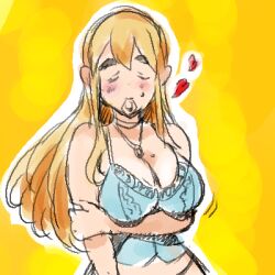 Rule 34 | arm under breasts, black panties, blonde hair, blue shirt, blush, breasts, closed eyes, condom, condom in mouth, condom wrapper, cowboy shot, heart, jewelry, k-on!, keigi, kotobuki tsumugi, large breasts, lingerie, long hair, lowres, mouth hold, necklace, outline, panties, shirt, shy, sketch, sleeveless, sweat, sweatdrop, thick eyebrows, underwear