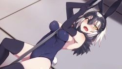 Rule 34 | 1girl, alternate costume, animal ears, between breasts, black gloves, black thighhighs, blonde hair, blue leotard, body blush, breasts, covered erect nipples, covered navel, dutch angle, elbow gloves, fake animal ears, fake tail, fate/grand order, fate (series), fur collar, gloves, headpiece, index finger raised, jeanne d&#039;arc (fate), jeanne d&#039;arc alter (avenger) (fate), jeanne d&#039;arc alter (fate), leotard, looking at viewer, maze (gochama ze gohan), medium breasts, playboy bunny, pole, pole dancing, rabbit ears, rabbit tail, short hair, solo, strapless, strapless leotard, stripper pole, tail, thighhighs, yellow eyes