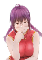 Rule 34 | 1girl, ahoge, bakushiishi at, braid, breasts squeezed together, breasts, brown eyes, china dress, chinese clothes, dress, freckles, glasses, hand on own chin, long hair, medium breasts, purple hair, ri kouran, rimless eyewear, sakura taisen, side slit, simple background, smile, thinking, twin braids, white background