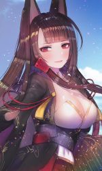 Rule 34 | 1girl, aiguillette, akagi (azur lane), animal ears, azur lane, bad id, bad twitter id, beach, black hair, black legwear, blue sky, blunt bangs, blush, breasts, brown hair, cleavage, cloud, collar, confetti, day, eyeshadow, floating hair, fox ears, gloves, hair ornament, half-closed eyes, hanato (seonoaiko), japanese clothes, large breasts, light particles, light rays, long hair, looking at viewer, makeup, ocean, parted lips, partially fingerless gloves, petals, pleated skirt, reaching, reaching towards viewer, red eyes, red skirt, rigging, sand, skirt, sky, smile, solo, sparkle, water, wide sleeves