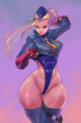 Rule 34 | 1girl, alternate costume, antenna hair, blonde hair, blue eyes, blue leotard, blue thighhighs, cammy white, clothes lift, coat, curvy, cutesexyrobutts, fingerless gloves, garrison cap, gloves, hat, highleg, highleg leotard, highres, jacket, jacket lift, leotard, long hair, military, military uniform, narrow waist, necktie, partially visible vulva, red gloves, revealing clothes, scar, simple background, soldier, solo, street fighter, thighhighs, thighs, toned, uniform, very long hair, wide hips