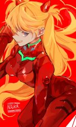 Rule 34 | 1girl, absurdres, artist request, blue eyes, bodysuit, breasts, character name, floating hair, hair between eyes, hand in own hair, highres, interface headset, lips, long hair, looking to the side, medium breasts, neon genesis evangelion, orange hair, plugsuit, red background, red bodysuit, shiny clothes, simple background, smile, solo, souryuu asuka langley, two side up, very long hair, wide hips