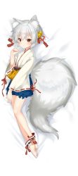 Rule 34 | absurdres, animal ear fluff, animal ears, ankle cuffs, barefoot, bed sheet, bell, blush, bow, dakimakura (medium), dot nose, fox ears, fox tail, from above, full body, haiba 09, hair between eyes, hair ornament, hair ribbon, highres, japanese clothes, jingle bell, kimono, looking at viewer, lying, original, red eyes, ribbon, ribbon-trimmed sleeves, ribbon trim, short hair, silver hair, solo, tail