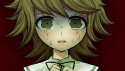 Rule 34 | 1boy, alternate universe, brown hair, commentary request, crying, crying with eyes open, danganronpa: trigger happy havoc, danganronpa (series), fujisaki chihiro, highres, komatsuzaki rui (style), looking at viewer, male focus, neck ribbon, nekoma hikaru, official style, open mouth, portrait, ribbon, short hair, solo, tears, teeth, trap, upper teeth only