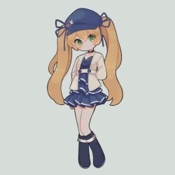 Rule 34 | 1girl, arms behind back, blonde hair, blue dress, blue footwear, blue hat, choker, closed mouth, commentary, commission, dokibird (vtuber), dress, english commentary, full body, green eyes, grey background, hat, heart, highres, indie virtual youtuber, jacket, long hair, looking at viewer, shachi (artist), simple background, solo, twintails, very long hair, white jacket