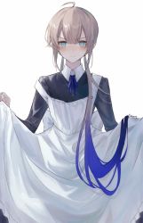 Rule 34 | 1boy, alternate costume, apron, apron hold, aqua eyes, black dress, blue eyes, blue hair, blush, captain nemo (fate), closed mouth, crossdressing, dress, fate/grand order, fate (series), hair between eyes, hair over shoulder, highres, light brown hair, long hair, long sleeves, looking at viewer, male focus, multicolored hair, nemo (fate), off shoulder, sherry 0014, simple background, solo, sweat, trap, twitter username, very long hair, white apron, white background