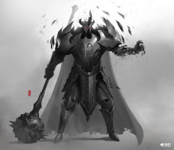Rule 34 | 1boy, absurdres, armor, armored boots, boots, breastplate, cape, den (denwhat), fake horns, full armor, full body, gauntlets, gradient background, grey background, hand up, helmet, highres, holding, holding weapon, horned helmet, horns, league of legends, mace, male focus, mordekaiser, red eyes, shoulder plates, solo, spiked mace, spikes, standing, weapon