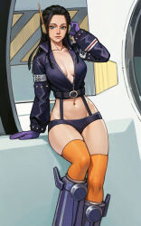 Rule 34 | 1girl, antennae, armband, belt, black hair, black jacket, black shorts, blue eyes, blue footwear, boots, breasts, closed mouth, clothes writing, collarbone, commentary, cropped jacket, english commentary, feet out of frame, groin, hair slicked back, hand on headphones, hand up, headphones, highres, indoors, jacket, lips, long hair, long sleeves, looking at viewer, medium breasts, midriff, navel, navel piercing, nico robin, one piece, open clothes, open jacket, orange thighhighs, panicawa, piercing, purple thighhighs, short shorts, shorts, sitting, skindentation, sleeve cuffs, smile, solo, suspenders, thighhighs, unzipped