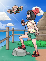Rule 34 | 1girl, :d, bag, beanie, black hair, blush, cloud, commentary request, creatures (company), day, fence, from side, game freak, gen 7 pokemon, grass, green shorts, habatakuhituji, hand up, handbag, hat, holding, holding poke ball, looking up, nintendo, open mouth, outdoors, poke ball, poke ball (basic), pokemon, pokemon (creature), pokemon sm, red headwear, rock, rowlet, selene (pokemon), shirt, shoes, short hair, short sleeves, shorts, sky, smile, standing, t-shirt, tied shirt, yellow shirt