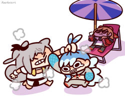 Rule 34 | 3girls, artist name, beach chair, beach umbrella, blonde hair, blue hair, chibi, clenched teeth, closed eyes, commentary, crying, crying with eyes open, cup, disposable cup, fighting, food, grabbing another&#039;s hair, grey hair, highres, holoh3roes, hololive, hololive indonesia, kaela kovalskia, keenbiscuit, kobo kanaeru, long hair, lying, multiple girls, on back, popcorn, punching, simple background, sunglasses, symbol-only commentary, tears, teeth, umbrella, vestia zeta, virtual youtuber, white background, wristband, x navel