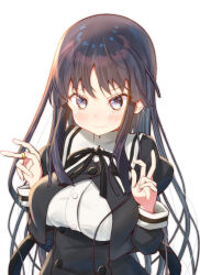 Rule 34 | 1girl, arms up, assault lily, black hair, black ribbon, black skirt, blush, breasts, buttons, closed mouth, commentary request, cropped jacket, double v, fingernails, high-waist skirt, jewelry, juliet sleeves, large breasts, long hair, long sleeves, looking at viewer, neck ribbon, puffy sleeves, purple eyes, ribbon, ring, school uniform, shirai yuyu, shirt, simple background, skirt, skull573, solo, standing, upper body, v, very long hair, white background, white shirt, yurigaoka girls academy school uniform