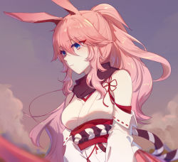 Rule 34 | 1girl, animal ears, bare shoulders, blue eyes, blurry, blurry foreground, chinese commentary, cloud, commentary request, detached sleeves, fox ears, honkai (series), honkai impact 3rd, japanese clothes, kimono, long hair, looking down, nontraditional miko, outdoors, pink hair, ponytail, purple sky, sad, sidelocks, silence (pixiv18541142), sky, solo, white kimono, white sleeves, yae sakura, yae sakura (gyakushinn miko)