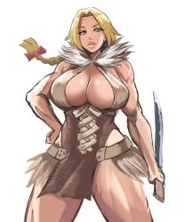 Rule 34 | 1girl, blonde hair, bow, braid, braided ponytail, breasts, cleavage, commentary request, dr. stone, dress, hair bow, halter dress, halterneck, hanada nikki, hand on own hip, hip vent, holding, holding sword, holding weapon, huge breasts, long braid, long hair, looking at viewer, low-tied long hair, muscular, muscular female, no bra, reverse grip, shibusun, short sword, single braid, sleeveless, sleeveless dress, solo, sword, weapon, white background