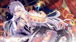 Rule 34 | 1girl, :q, anchor, apron, ass, azur lane, belfast (azur lane), bison cangshu, blue eyes, blush, braid, breasts, cake, chain, cleavage, collar, collarbone, confetti, curtains, dress, finger to mouth, food, french braid, frilled gloves, frilled sleeves, frills, garter straps, gloves, hand up, holding, holding cake, holding food, indoors, large breasts, long hair, looking at viewer, looking back, maid, maid headdress, night, shushing, sidelocks, silver hair, skindentation, sky, smile, solo, star (sky), starry sky, streamers, tongue, tongue out, twisted torso, white gloves, white legwear, window